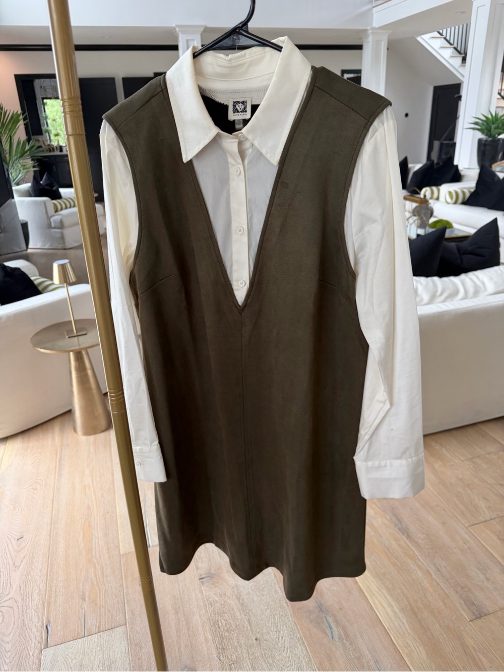 Anne Klein Olive Green Faux-Suede Sleeveless Shift Dress with Cream Shirt